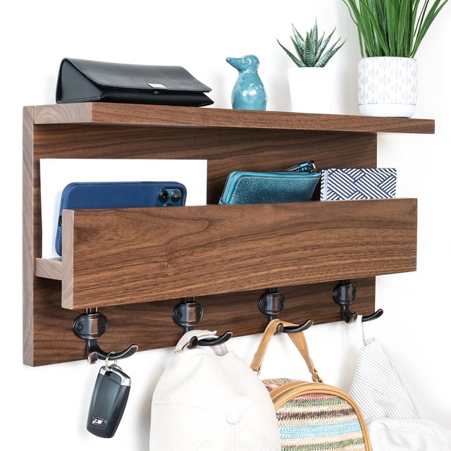 Straga Handmade 23" Walnut Coat Rack with 2 Shelves & 4 Sturdy Hooks – Solid Wood Organizer for Coats, Keys, Mail, Wallets – Modern Design for Entryway, Mudroom, Hallway, Bathroom – Made in Canada 04