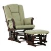 Glider and Ottoman in Cherry Finish with Sage Cushions