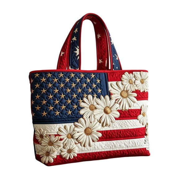 250th Anniversary Usa Women's Patriotic American Flag Daisy Quilted Tote Bags Mid Capacity Top Handle Shoulder Purses CasualTravel Bags for Women Daily Use