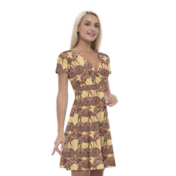 Women’s A Line Tribal Summer Dress, Retro Triangle Arrangement, Cross Wrap V Neck, 6 Sizes, by Ambesonne