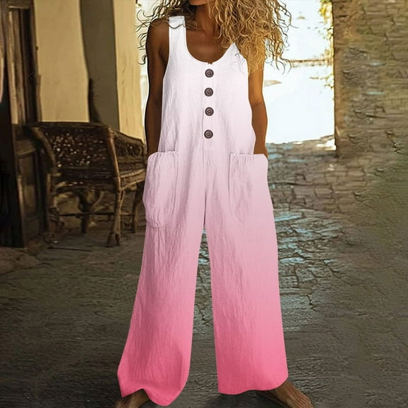 PiGOGI Women's Printed Summer Jumpsuit - Round Neck Sleeveless Button Pocket Casual Romper Watermelon Red XL