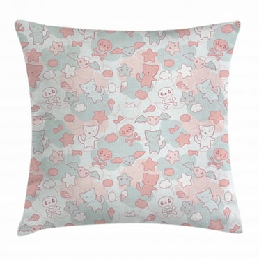 Doodle Throw Pillow Cushion Cover, Cartoon Styled Cute Cats Bats and Skulls Japanese Inspired Kawaii Design, Decorative Square Accent Pillow Case, 24 X 24 Inches, Pale Pink Pale Blue, by Ambesonne