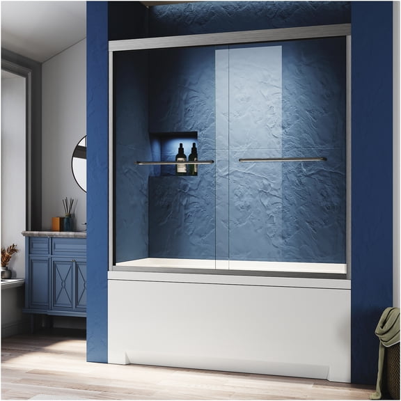 JERFIT Semi-Frameless Sliding Bathtub Door, Brushed Nickel, 56-60 inch Width x 62 inch Height, Tempered Glass with Stainless Steel Handles for Shower Enclosure