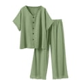 thumbnail image 5 of Zynoxe 2 Piece Sets for Women Going Out Trendy V Neck Button Down Top Elastic Waist Lace Pants Suit Soft Breathable Cotton Linen Womens Lounge Set Casual Loose Solid Color Summer Outfits 2XL, 5 of 10