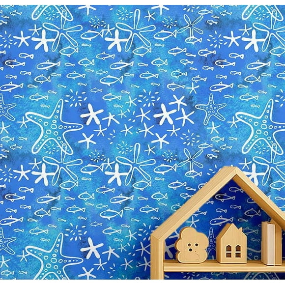 S4Sassy Self-Stick Decorative Wallpaper For Kids Room, Starfish & Fish Wall Paper, Vinyl Waterproof Contact Paper, Green, 25"x120" Removable Wall Covering For Kids Room, Baby Room, Playroom