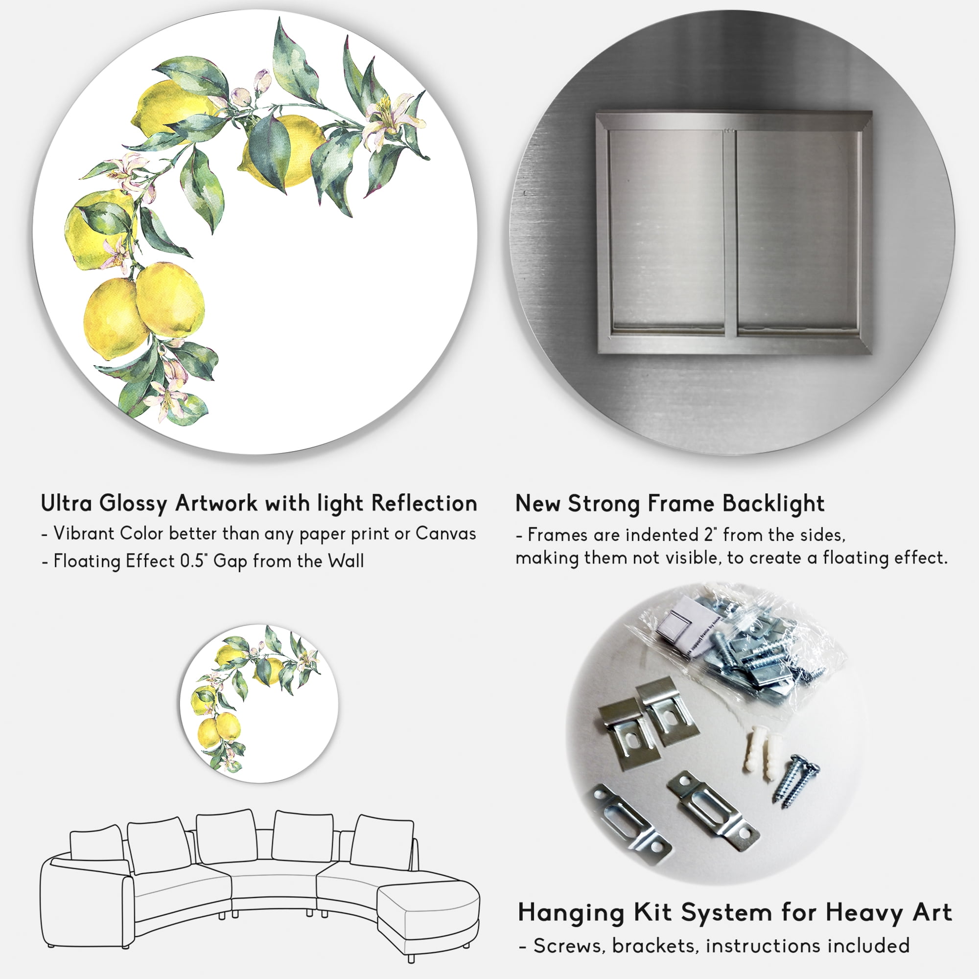 Designart 'Branch of Leaves and Yellow Lemons II' Tropical Circle Metal Wall Art 11x11 - Disc of 11