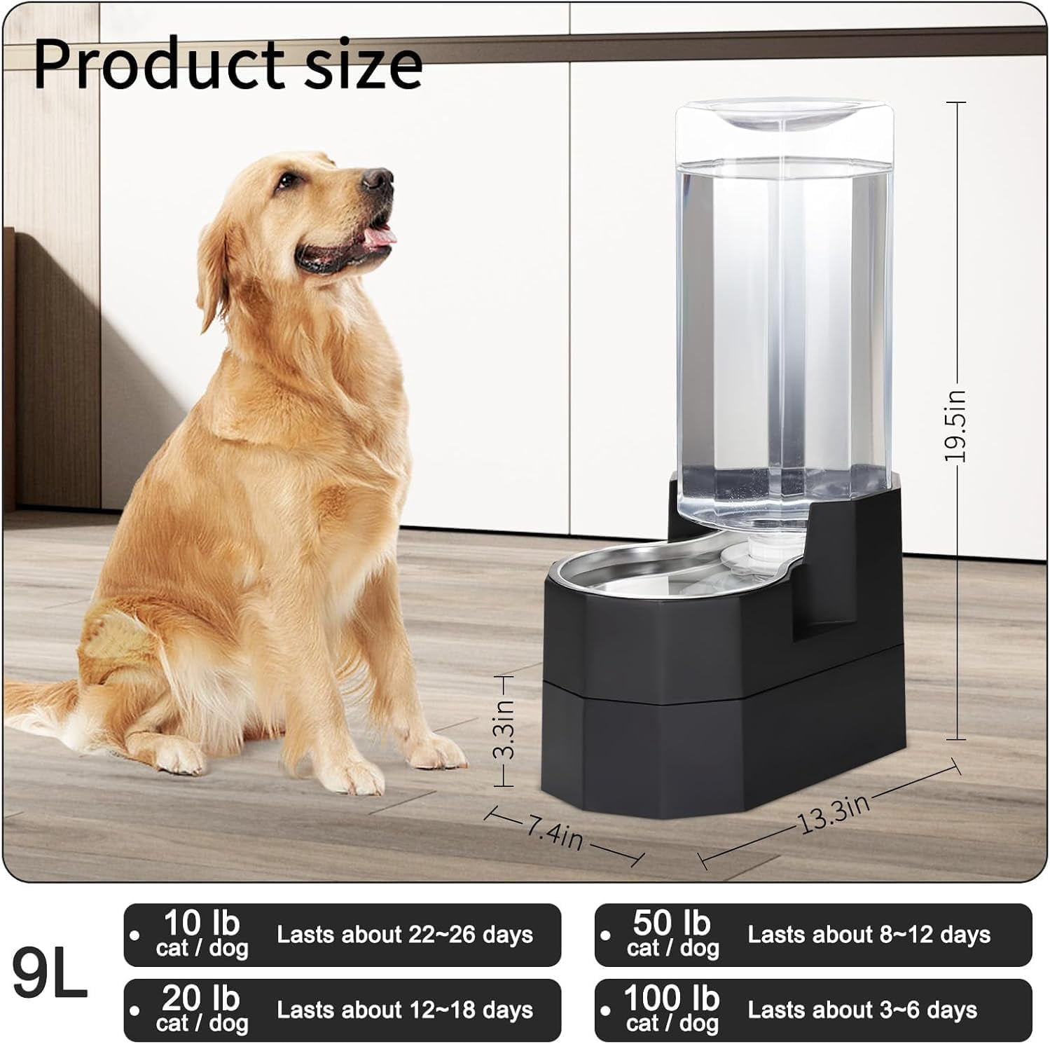 RIZZARI Black 9L Raised Gravity Dog Water Dispenser with Stainless Steel Bowl - BPA-Free, Includes 2 Caps, Leak-Proof & Easy-Clean, Automatic, for Senior Dogs’ Comfort, for Bedroom or Garden