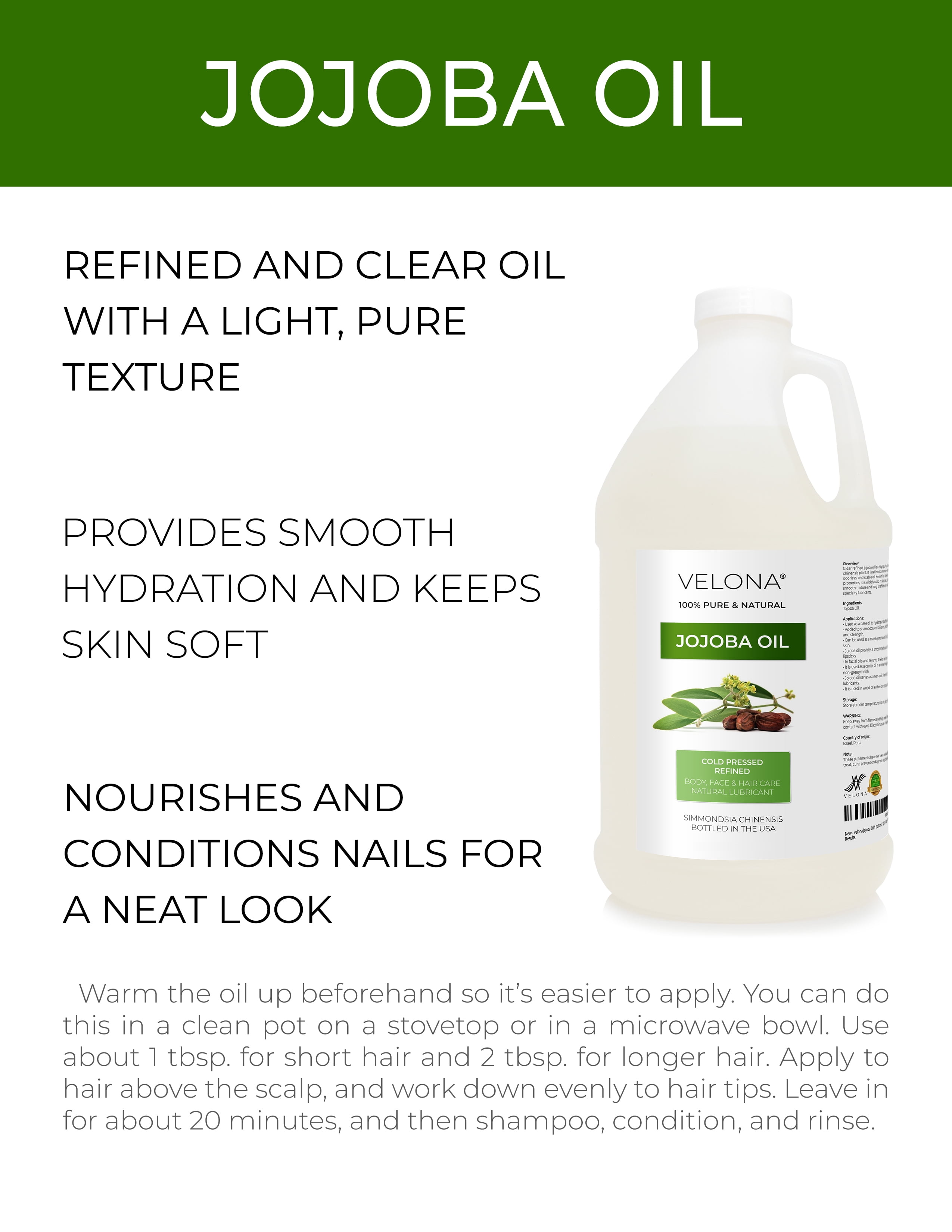 Jojoba Oil by Velona - 64 fl oz | 100% Pure and Natural Carrier Oil | Clear, Refined, Cold Pressed | Moisturizing Face, Hair, Body and Skin Care | Use Today - Enjoy Results