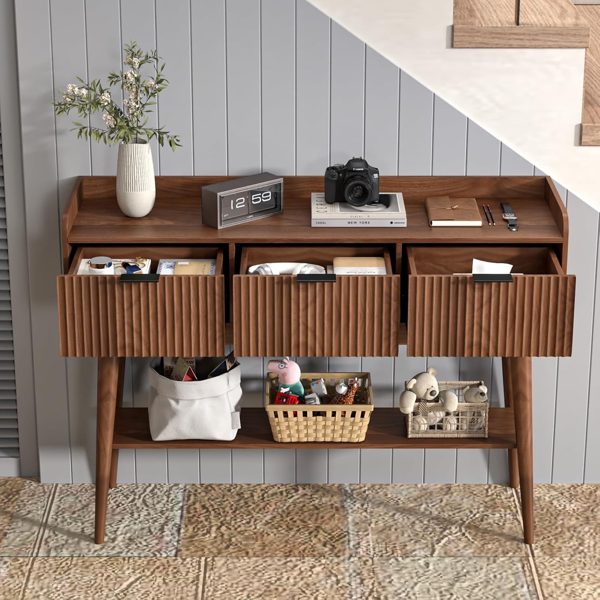 Console Table with Drawers, Narrow Entryway Table with Storage Shelves, Accent Sofa Table for Living Room, Hallway, Walnut