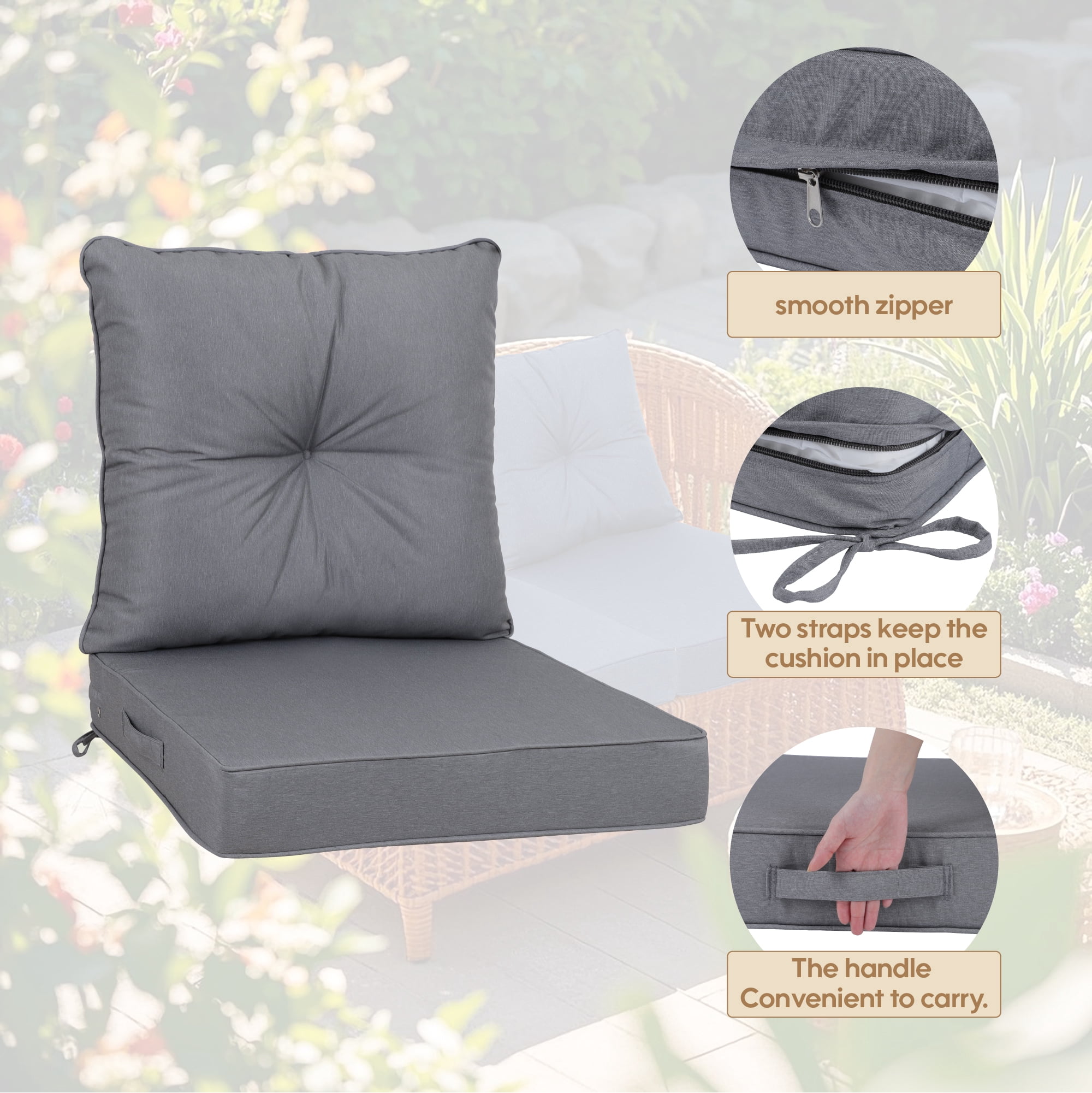 Leumius Outdoor Deep Seat Cushion Set for Patio Furniture Set of 2,Waterproof Replacement Patio Chair Cushions,24 x 24 x 4 Inch,Gre
