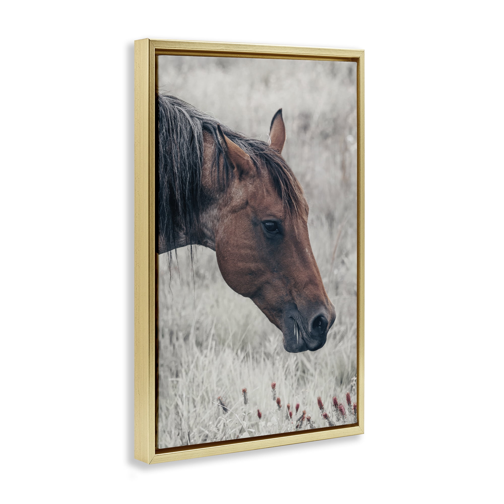 Stupell Industries Mother Horse Grazing in Meadow Gold Framed Floater Canvas Wall Art, design by Nathan Larson