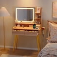 thumbnail image 1 of 31.5" Makeup Vanity Desk with LED Lighted Mirror, 3 Color Lighting Modes, Built-in Power Outlet and 2 Drawers, Modern Natural Wood Dressing Table for Bedroom, 1 of 6