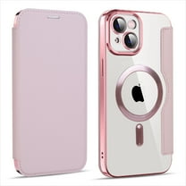 ELEHOLD Slim Flip Wallet Case for iPhone 14 Plus 6.7" with Transparent Clear Back RFID Card Holders Magnetic Closure Compatible with MagSafe Shockproof Anti-Scratches Case,Pink