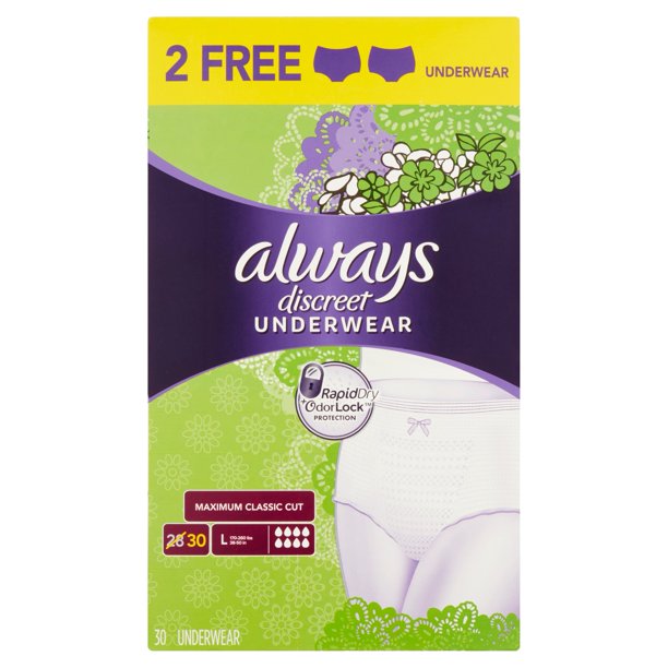 Always Discreet Incontinence Underwear for Women, Maximum, Classic, 30
