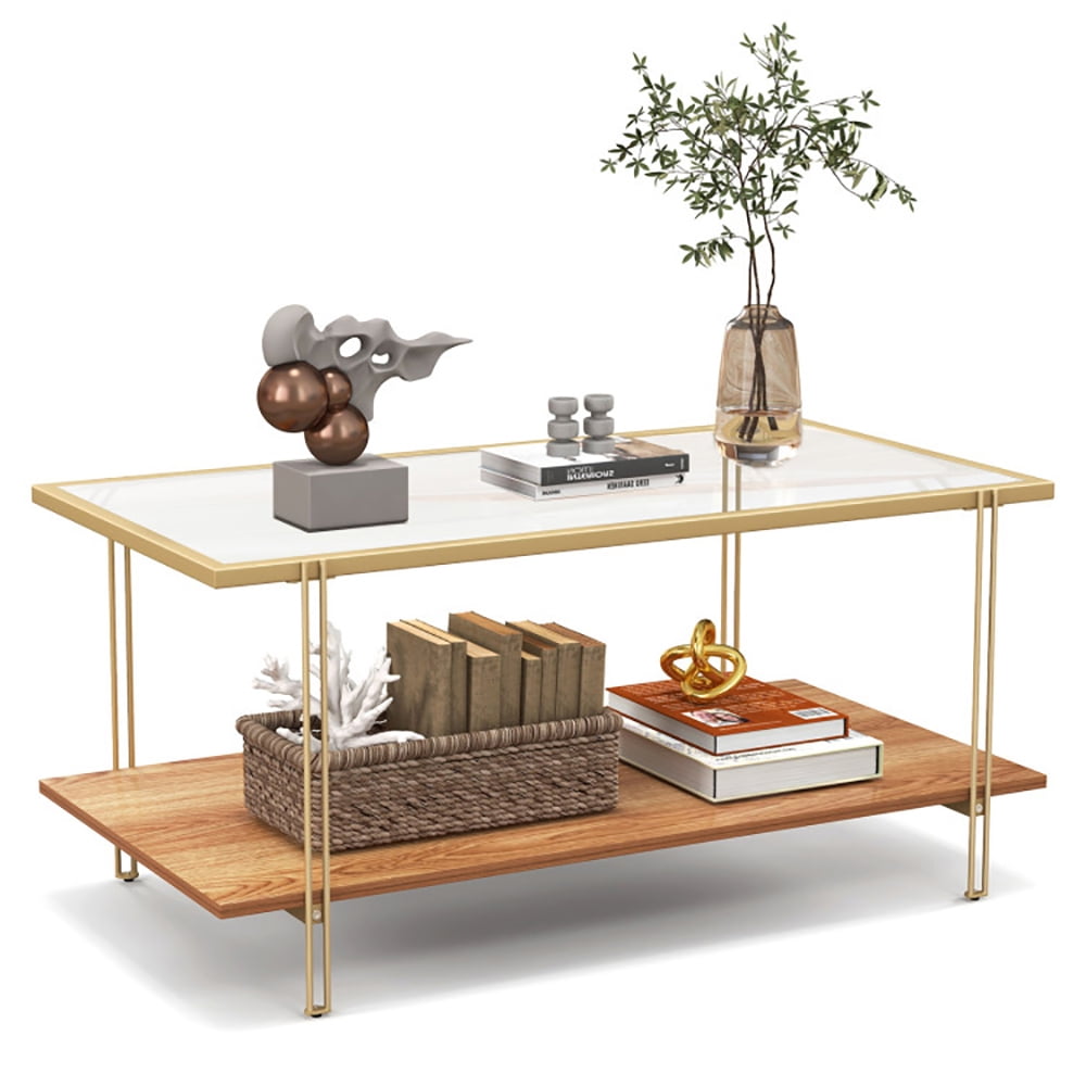 Finihen Coffee Table, Glass Coffee Table, 2 Tiers Rectangle Glass Coffee Table with White and Gold Steel Frame, for Living Room, Reception Room, Golden Finihen Coffee Table, Glass Coffee Table, 2 Tiers Rectangle Glass Coffee Table with White and Gold Steel Frame, for Living Room, Reception Room, Golden