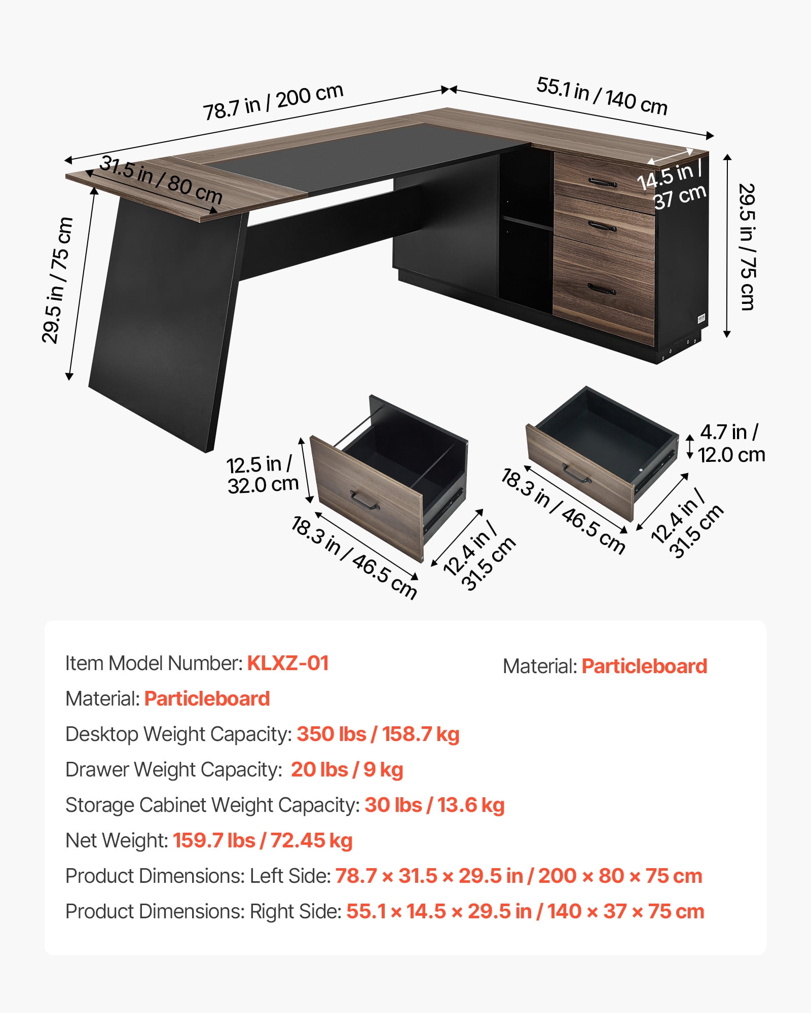 VEVOR L-Shaped Executive Desk, Large Modern Office Table with Drawers and Storage Cabinet, Heavy Duty Wooden Executive Table, 350 LBS Load Capacity, Easy Assembly, for Work Study Writing, Brown+Black