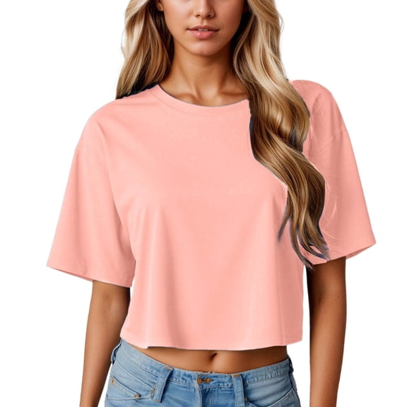 XIAONU Loose Cropped T-Shirt for Women Crew Neck Short Sleeve Casual Daily Boxy Fit Tee