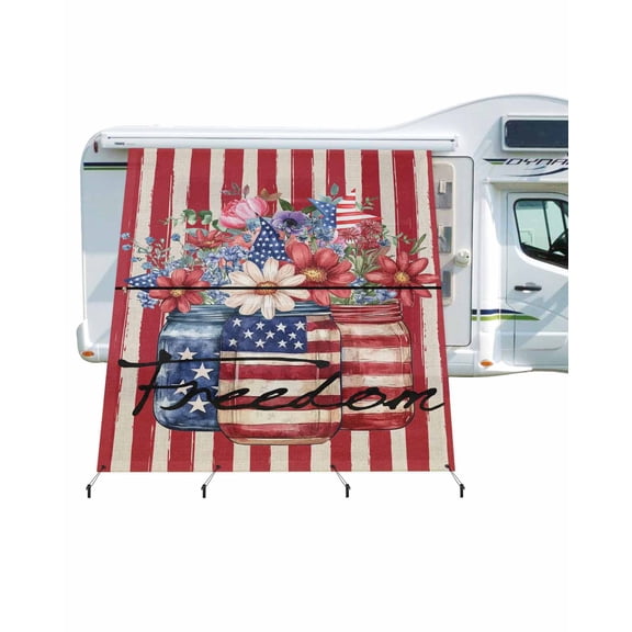 4th of July RV Awning Sun Shade Screen 9'X7' Red Stars Stripes Mesh Sunscreen Freedom Floral Vase Awning Shade Screen with Zipper UV Blocker Completed Kits Outdoor Canopy for RV Motorhome Camper