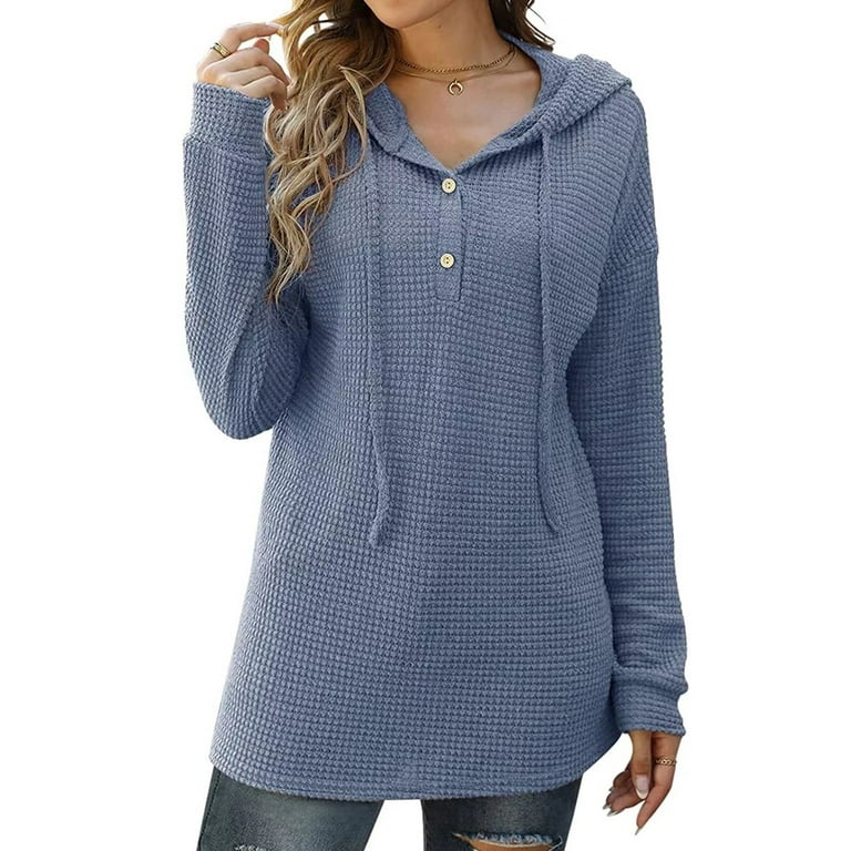 Byoimud Solid Color Waffle Knitting Gifts for Women Drawstring Hooded Button Up Sweatshirts Trendy Clothing Dressy Tops Long Sleeve Shirtss Fall