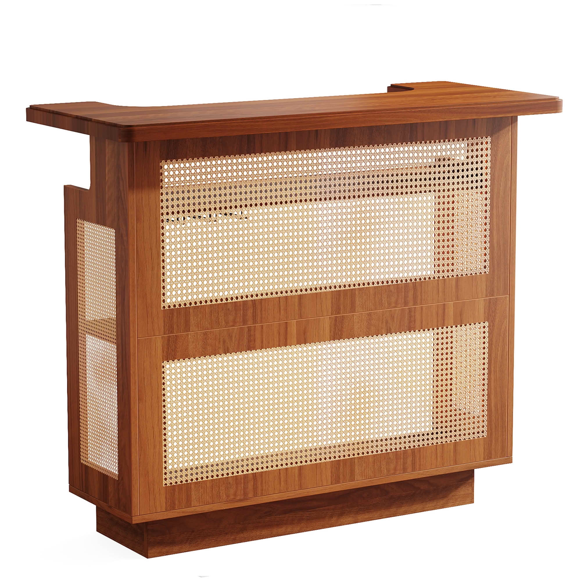 MAYEERTY Rattan Home Bar Unit, 4 Tier Liquor Wine Bar Cabinet with Stemware Racks, Farmhouse Brown Beverage Storage Cabinet for Living Room Basement