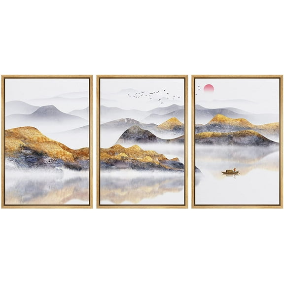 IDEA4WALL Framed Canvas Print Wall Art Set Multicolor Pastel Ocean Mountain Range Nature Wilderness Modern Art Decorative Landscape Rustic for Living Room, Bedroom, Office - 24"x36"x3 Natural