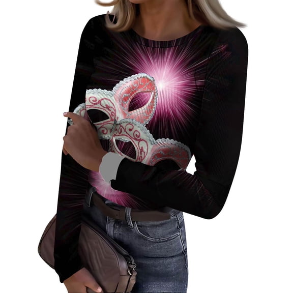 Mardi Gras Shirts for Women Feathers Print Glitter Long Sleeve Graphic Tee Sequins Crew Neck Green Tunic Tops Black M