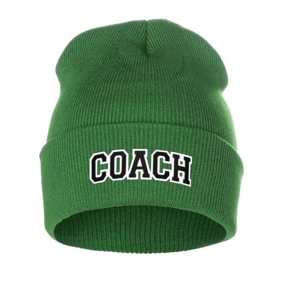 I&W Sports Team Coach Arch Letters Winter Knit Cuffed Beanie Hat, Green Beanie White Black