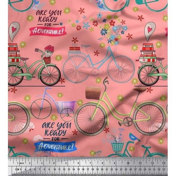Soimoi Georgette Viscose Fabric Text,Floral & Bicycle Transport Print Fabric by Yard 42 Inch Wide