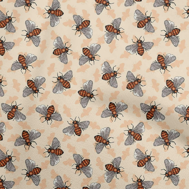 oneOone Polyester Lycra Tan Fabric Floral & Bee Sewing Craft Projects Fabric Prints By Yard 56 Inch Wide