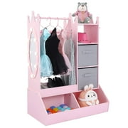 Juiluna Girls' Dress up Storage with Light & Mirror, Kids Clothing Rack with Storage Bin, Girl's Open Hanging Armoire Closet, Pink