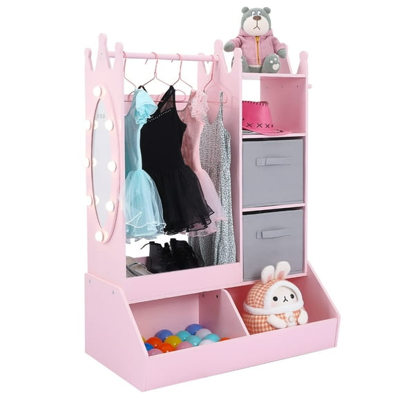 Juiluna Hanging Clothing Storage with Light and Mirror, Pink