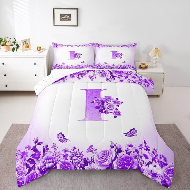 Erosebridal Letter Comforter Sets Queen Size For Teens,Rose Flower Bedding Queen Comforter Set,Butterfly Room Decorative,Reversible,Ultra Soft,3-Piece