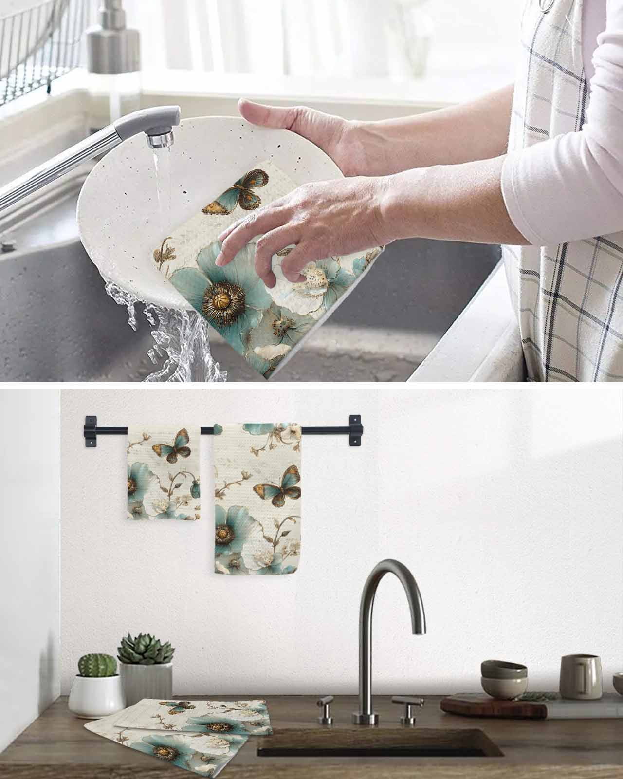 Vintage Flowers Dish Towels Set, Waffle Weave Kitchen Towels 3 Pieces, Spring Floral Teal Tulip Butterfly Microfiber Hair Face Bath Tea Towel Absorbent Quick Drying Cleaning Dish Cloths 12"x12"