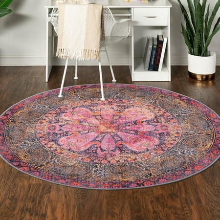 Unique Loom Mangata Collection Area Rug - Mona (4' 1" Round Pink/Beige)