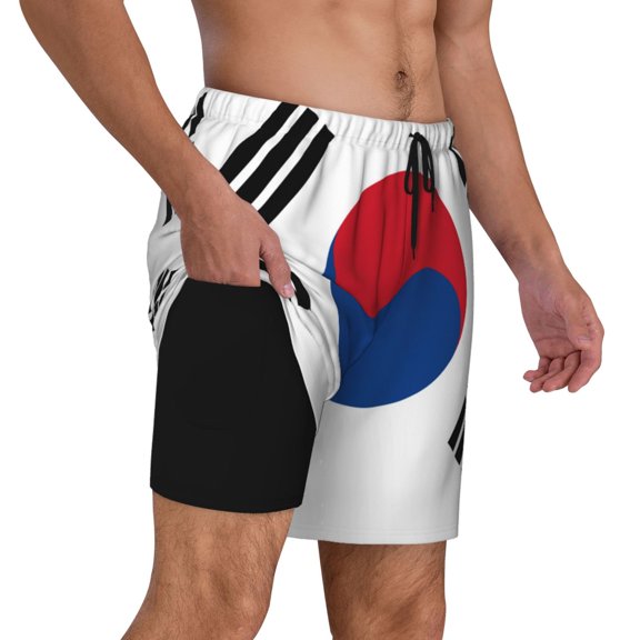 Men's Korean Flag Swim Trunks with Compression Liner Bathing Suit Swimwear