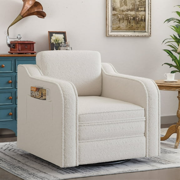 VEANERWOOD 360° Swivel Velvet Accent Chair, Modern Barrel Upholstered Armchair with Side Pocket for Bedroom, Apartment, Reading Room, White
