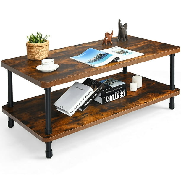 Gymax Industrial Coffee Table Rustic, Rustic Side Table With Storage