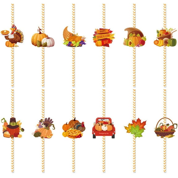 24Pcs Fall Straws Fall Party Decorations Turkey Pumpkin Sunflower Maple Leaf Paper Straws for Autumn Thanksgiving Holiday Farmhouse Indoor Outdoor Home Party Decor Supplies