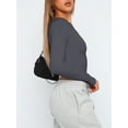 thumbnail image 2 of xiaxaixu T-Shirts Courts Ajustés pour Femmes Manches Longues Col Rond Ourlet Incurvé Couleur Unie Blouses Habillées, 2 of 6