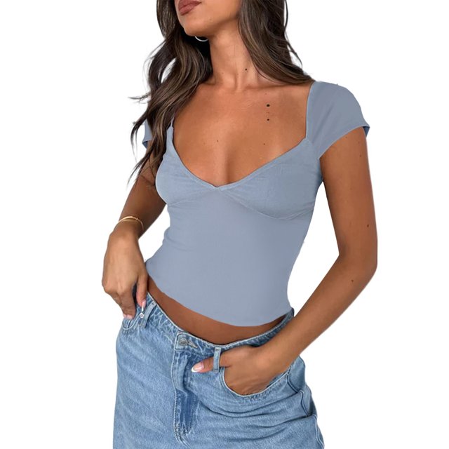 Gupgi Women Deep V Neck T-Shirts Short Sleeve Tops Solid Color Tee Basic Slim Fit Crop Top