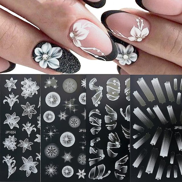 Snowflake ReliefPegatinas de uñas en relieve estereoscópicas 5d, diseño artístico autoadhesivo, calcomanías de uñas con patrón de flores blancas para decoración de uñas acrílicas D