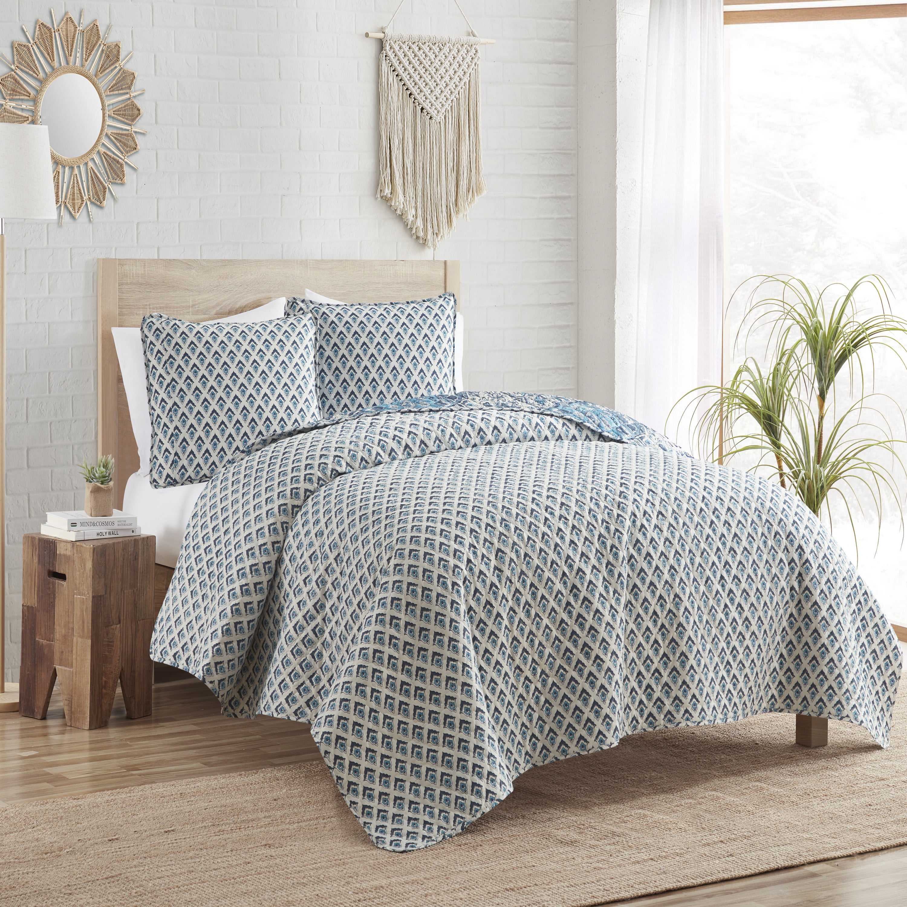 Indigo Ink Denim 3-Piece Blue Reversible Medallion Boho Quilt Set, Twin