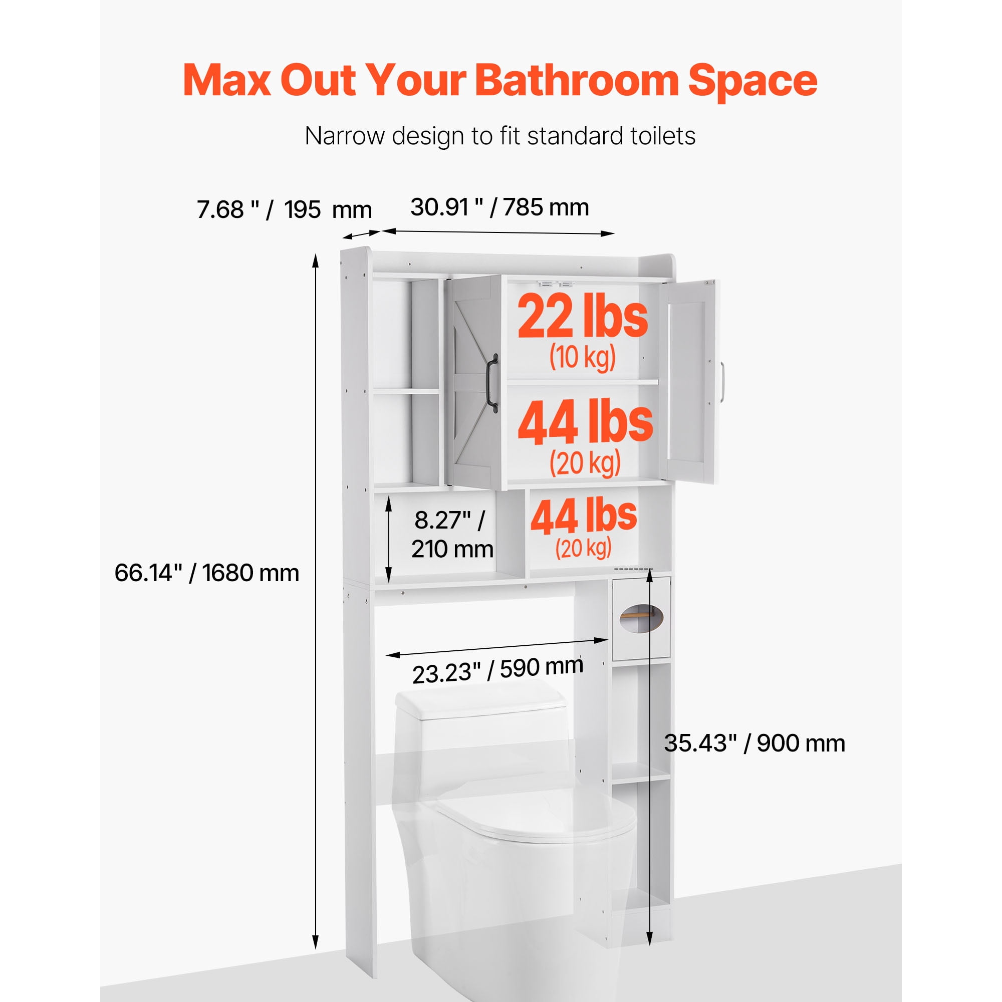 KFFKFF Over-The-Toilet Storage Cabinet, 66.14-Inch Tall Bathroom Organizer with Adjustable Shelf and Double Doors, Space-Saving Bathroom Storage Unit with Open Shelf, White