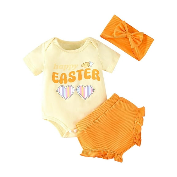YunPes 3 Pcs Toddler Baby Easter Romper Sets Cute Cartoon Bunny Egg Print Short Sleeve Romper Elastic Short Headband Sets