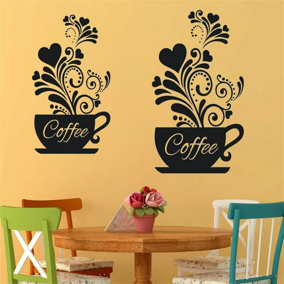 Coffee Cup Flower Wall Decor Sticker, Black Coffee Decor for Coffee Bar and Station, Removable Kitchen Signs for Kitchen Decorations Wall, 11.8 x 18.9 Inch