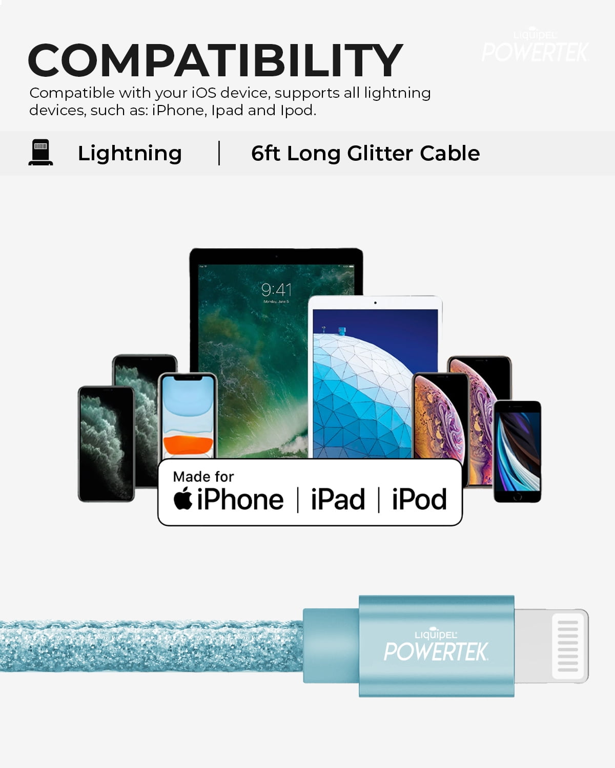 Liquipel Powertek USB C Lightning iPhone Charger Cable [MFI Certified], 6ft Fast Charging, Pastel Glitter