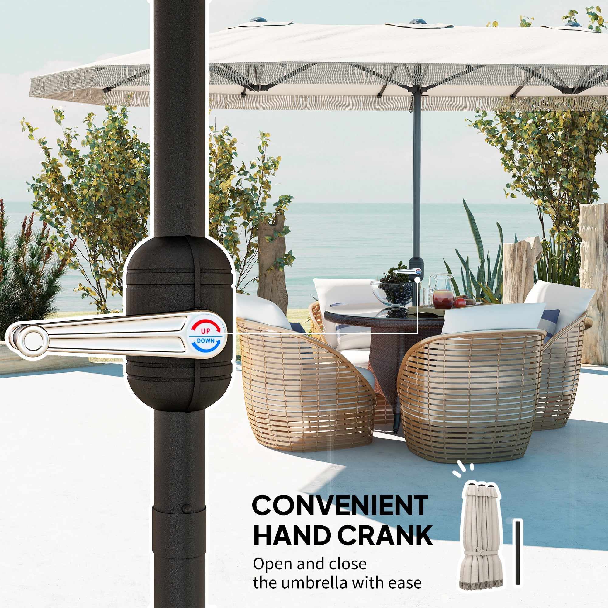 Outsunny 15ft Extra Large Patio Umbrella, UPF30+ Double-sided Rectangle Umbrella with Easy Crank Handle, 2 Vents for Garden Pool Lawn, Cream White