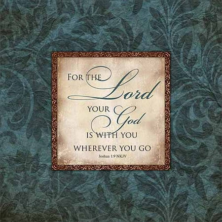 God Is with You Joshua Abstract Nature Pattern Border Religious Painting Blue & Tan Canvas Art by Pied Piper