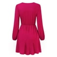 thumbnail image 4 of Leadingstar Women Solid Long Sleeve Elastic Waist Wrap V-Neck Fit Flare Dress Burgundy L, 4 of 9