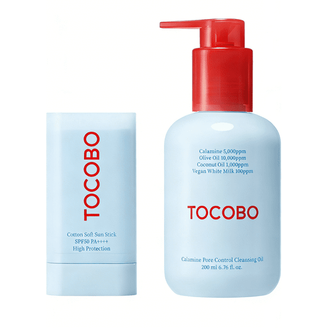 TOCOBO Calamine Pore Control Cleansing Oil 200 ml y Barra solar suave de algodón SPF50+ PA+++ 0.67 onzas